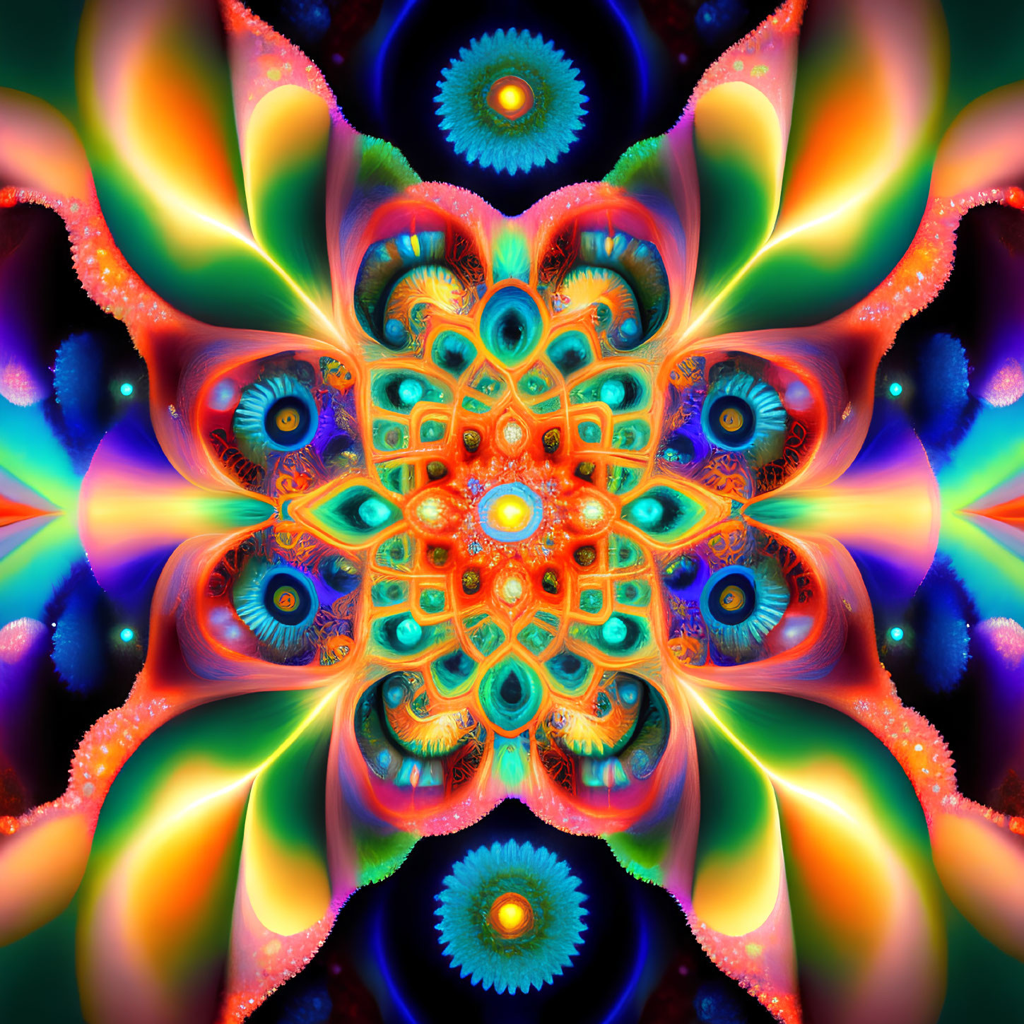 Colorful Fractal Image with Symmetrical Patterns and Kaleidoscopic Effect