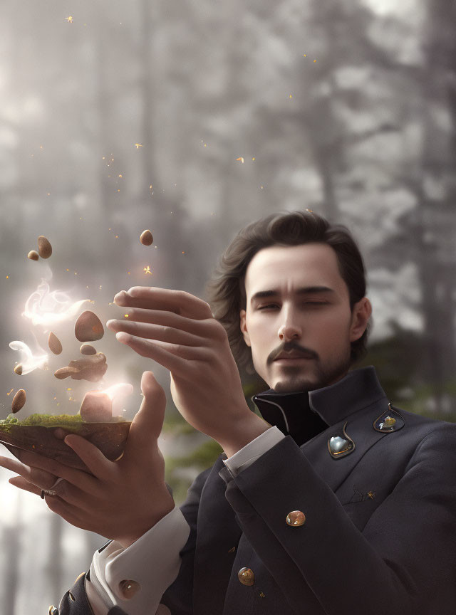 Vintage military jacket man holds floating land with mushrooms and glowing particles.