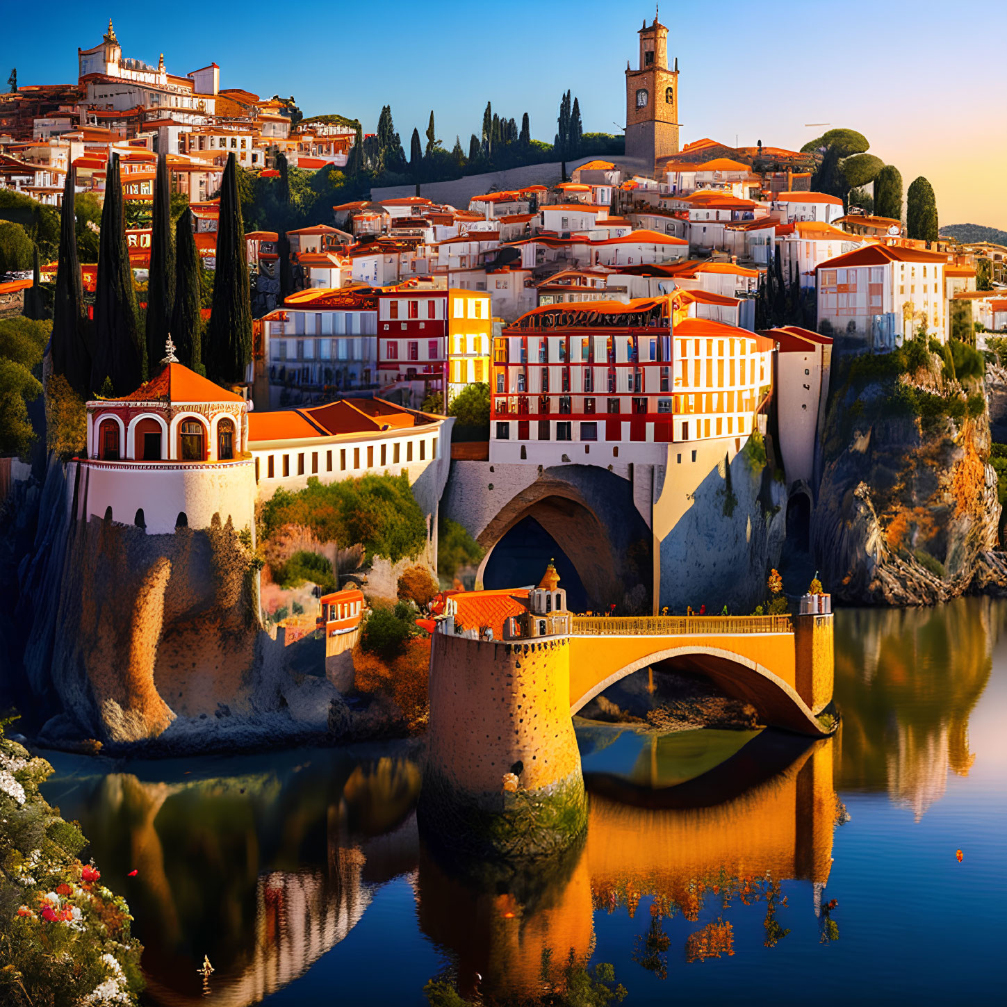 Old European town at sunset with river, stone bridge, and historic buildings