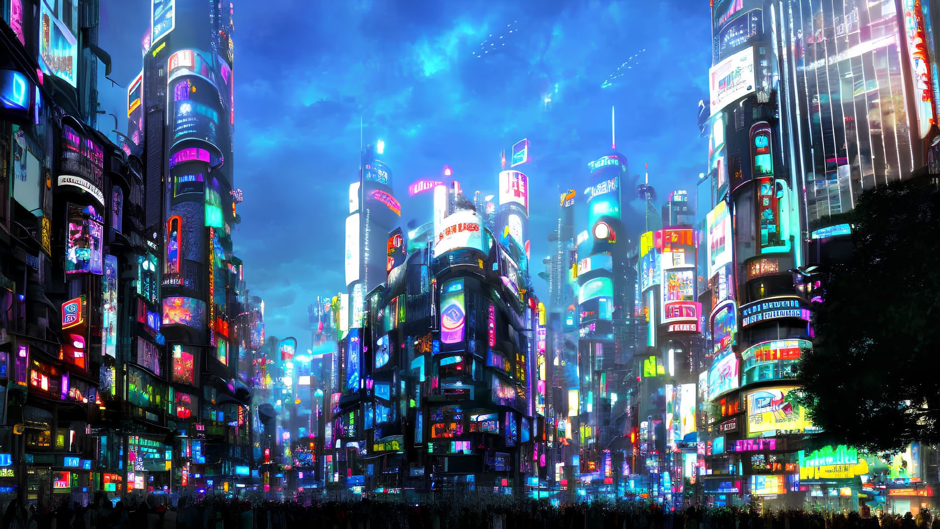 Futuristic night cityscape with neon signs, billboards, crowd, and flying vehicles