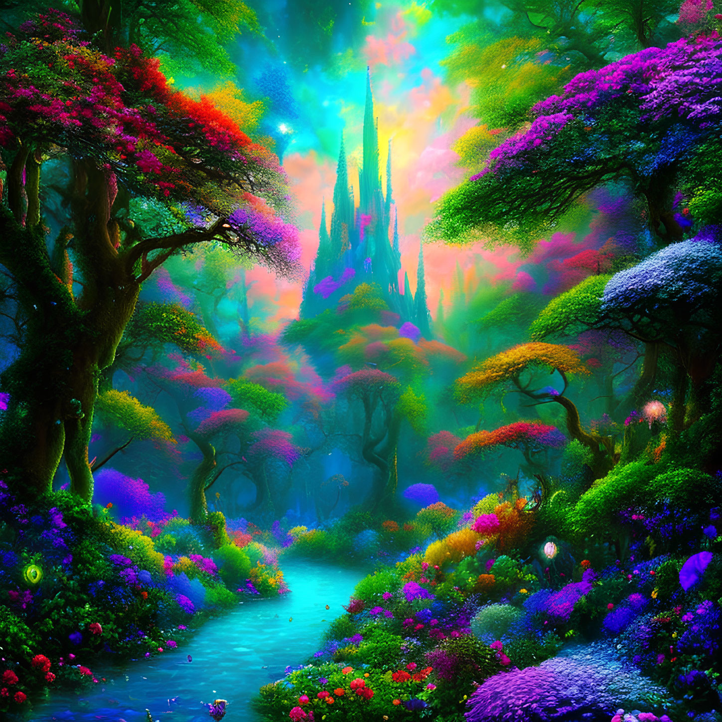 Colorful Trees, Blue River, Luminous Plants: Fantasy Landscape with Castle