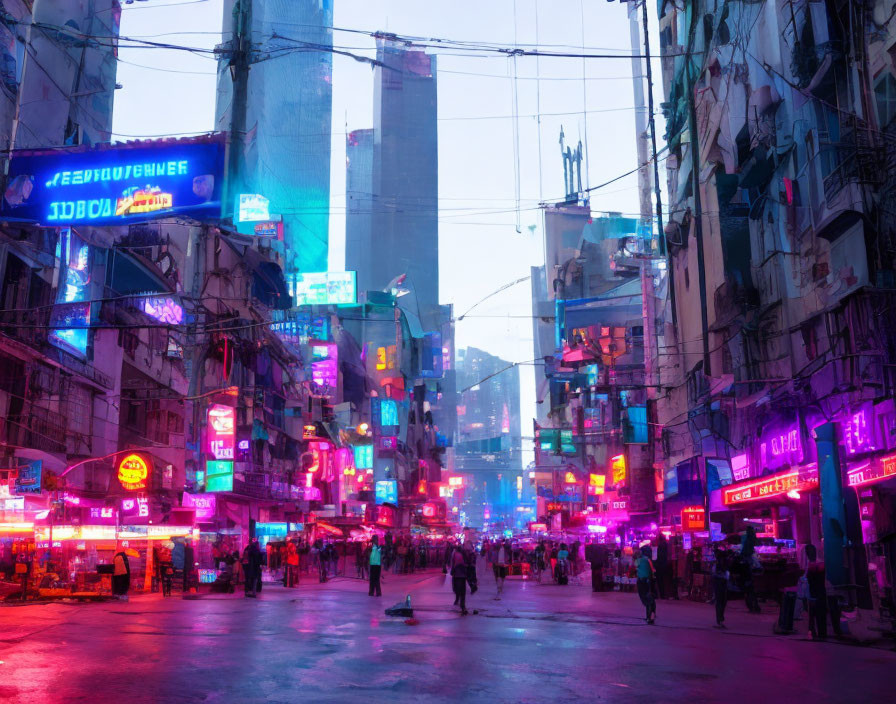 City Street at Twilight: Neon Lights, High-Rise Buildings, Colorful Signs