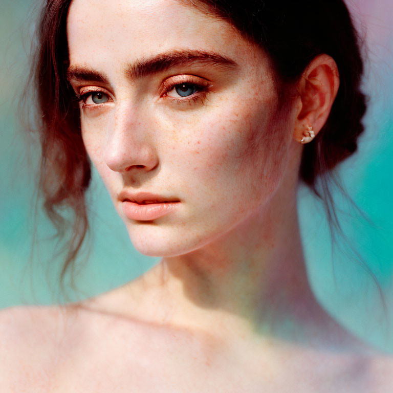 Portrait of young woman with dark hair, fair skin, and freckles on soft backdrop