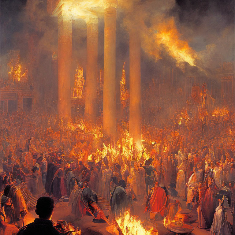 Dramatic painting of fire consuming classical temple and panicked crowds