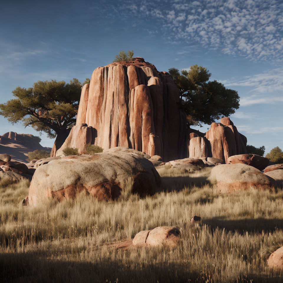 Majestic rock formation in grassy landscape under blue sky