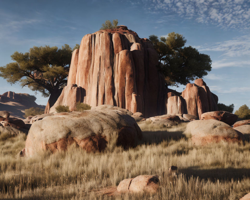 Majestic rock formation in grassy landscape under blue sky