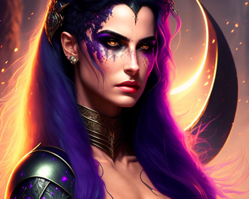 Purple-haired female warrior in dramatic makeup and armor with crescent moon backdrop