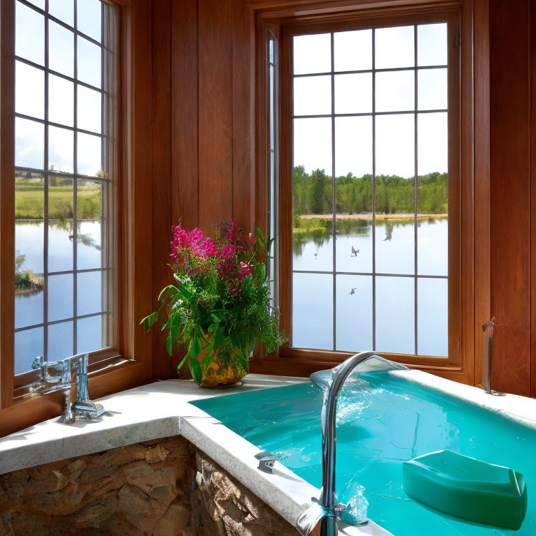 Luxurious Bathtub with Lake View and Wooden Walls