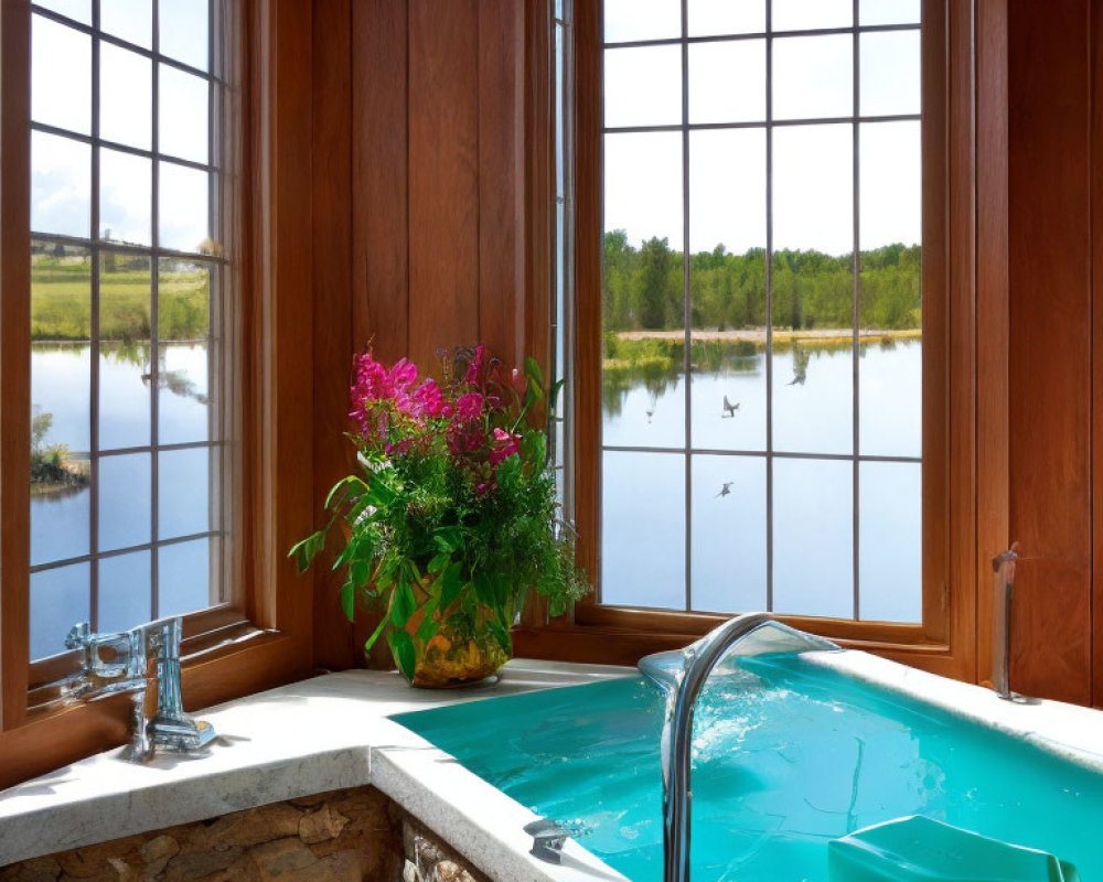 Luxurious Bathtub with Lake View and Wooden Walls