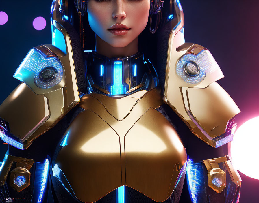 Detailed Close-Up of Futuristic Female Cyborg with Illuminated Armor