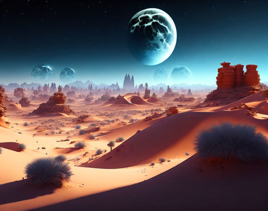 Twilight desert landscape with planets, sand dunes, rock formations, and alien flora