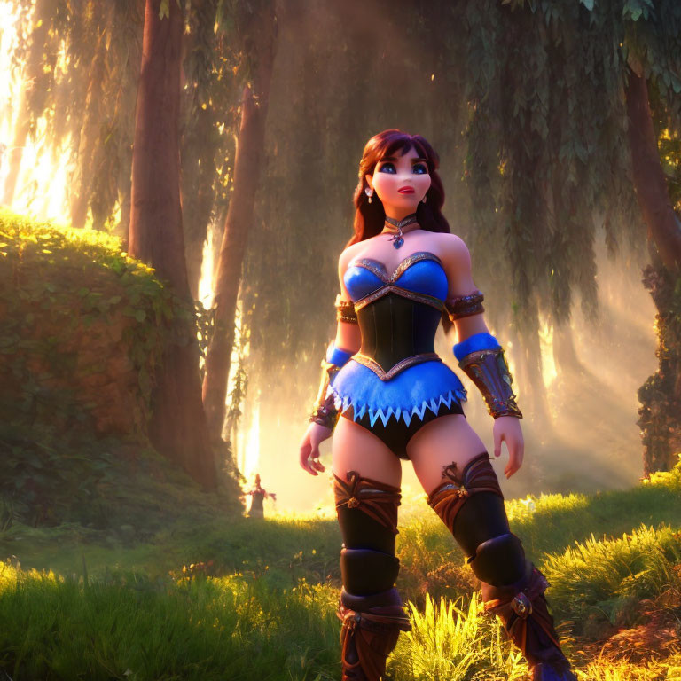 Fantasy forest scene with 3D female warrior in sunlight