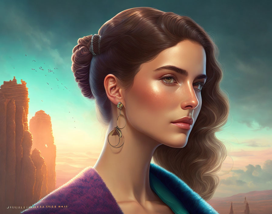 Detailed digital portrait of woman with earrings, blue garment, and sunset backdrop