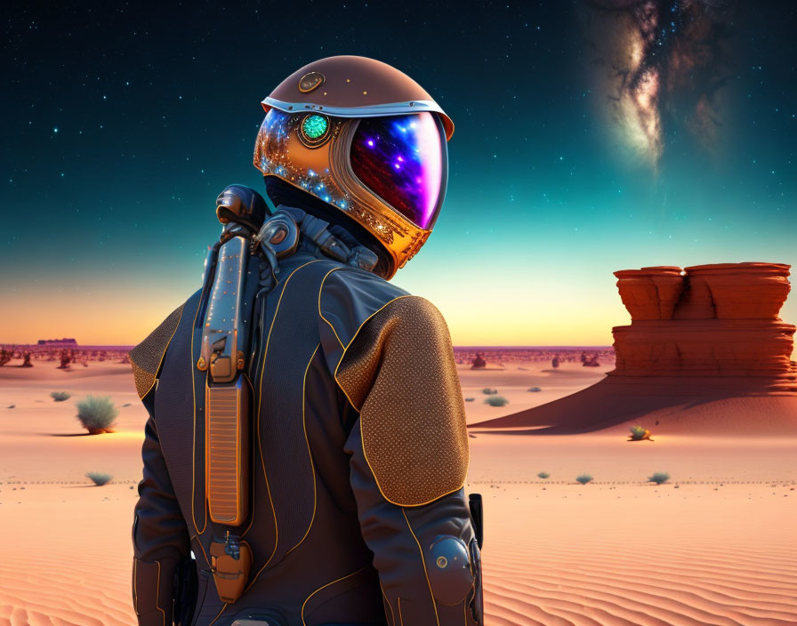 Futuristic astronaut in desert landscape under starry sky