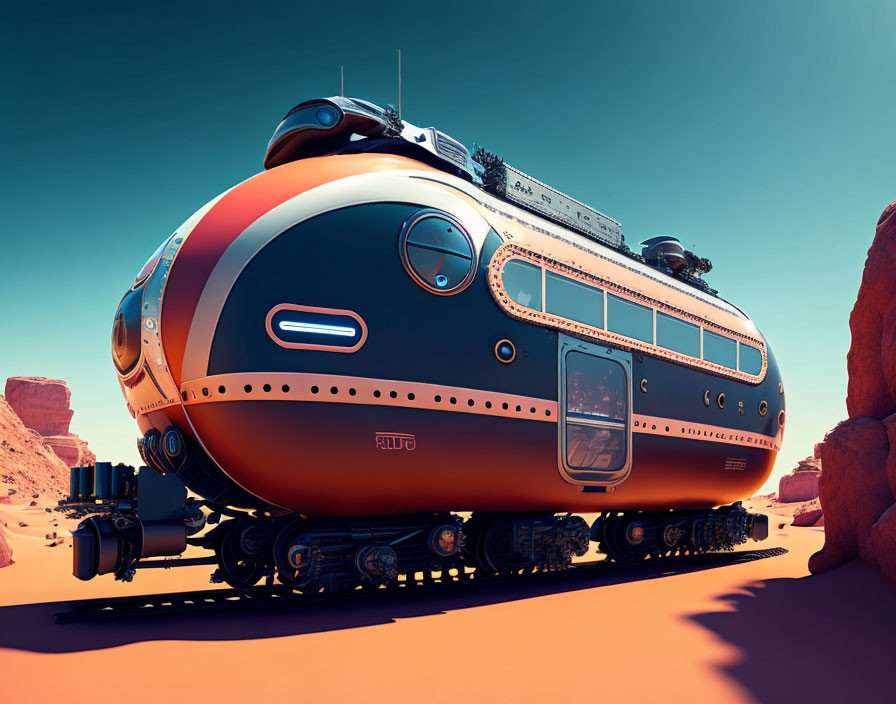 Futuristic train with tank treads in barren desert landscape