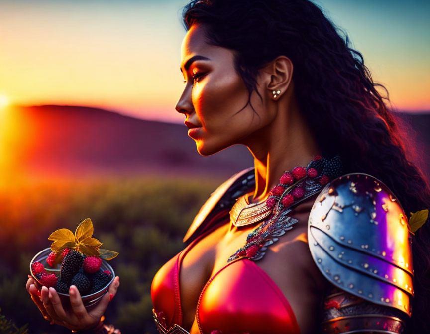 Female warrior in armor with sunset background holding bowl of berries