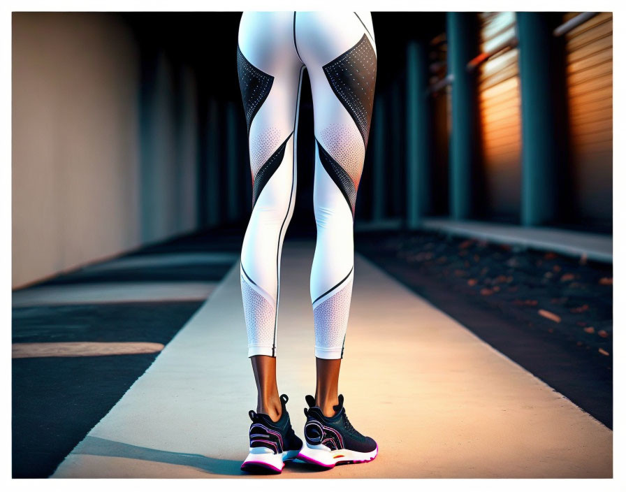 Person in White and Black Sports Leggings Stands by Building at Sunset