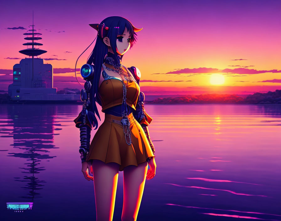 Dark-haired anime female character in futuristic outfit at sunset waterfront.