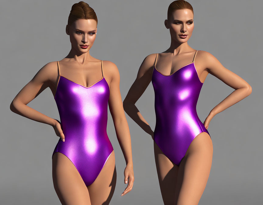 Two 3D-rendered women in shiny purple swimsuits posing side by side