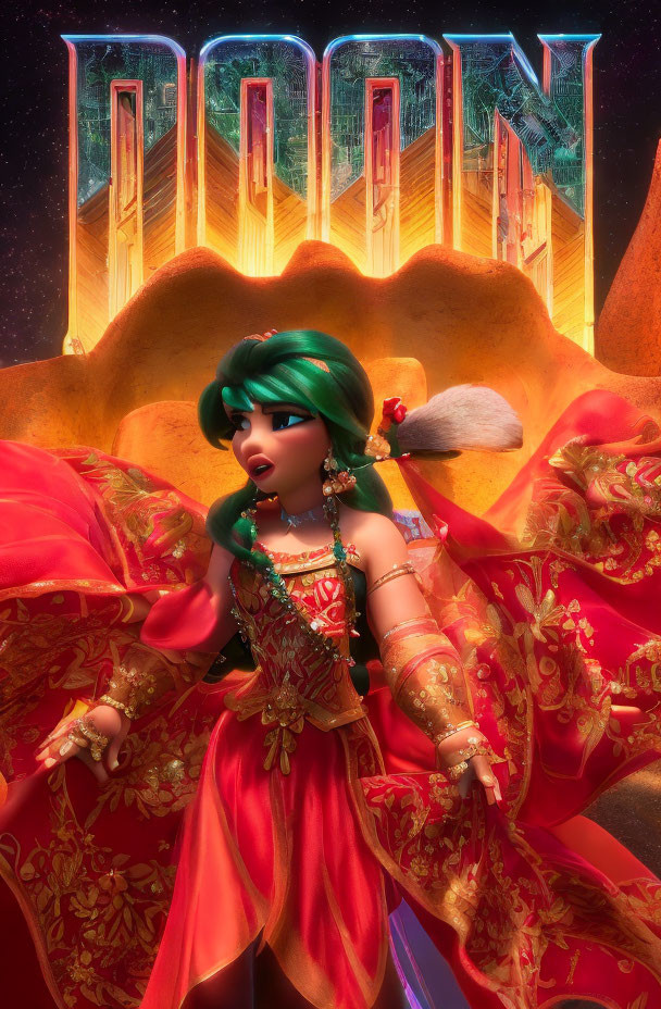 Stylized female character in red and gold dress with "DOON" in sci-fi font above