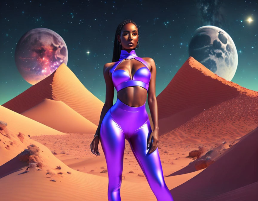 Futuristic purple outfit woman with pyramids and celestial bodies