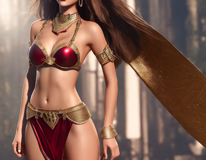 Female Figure in Golden and Maroon Fantasy Attire with Flowing Hair