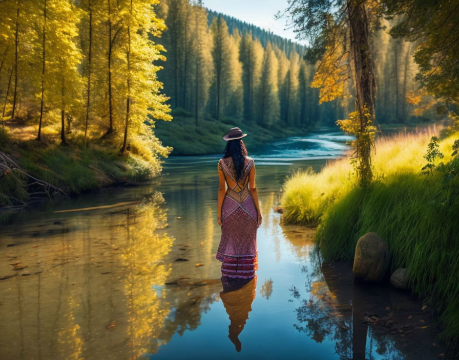 Person in Patterned Dress and Hat Standing in Shallow Water by Serene River amid Autumn Trees