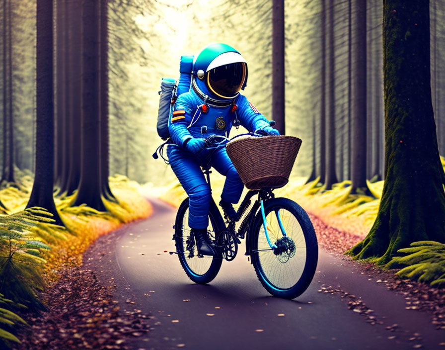 Astronaut in space gear riding bicycle through forest path