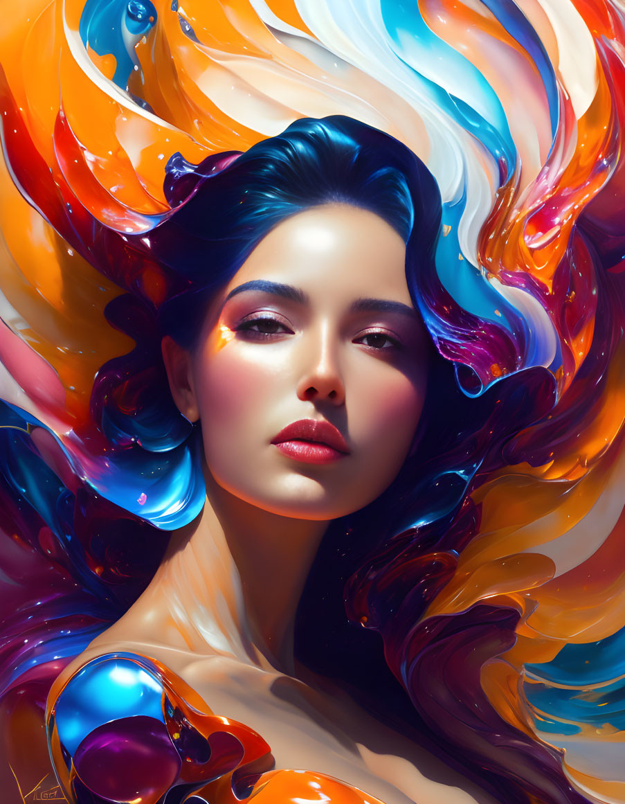 Serene woman portrait with vibrant swirling colors and glossy liquid forms