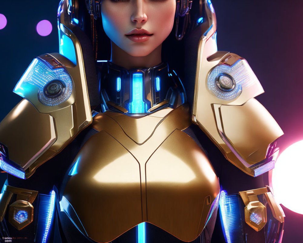 Detailed Close-Up of Futuristic Female Cyborg with Illuminated Armor