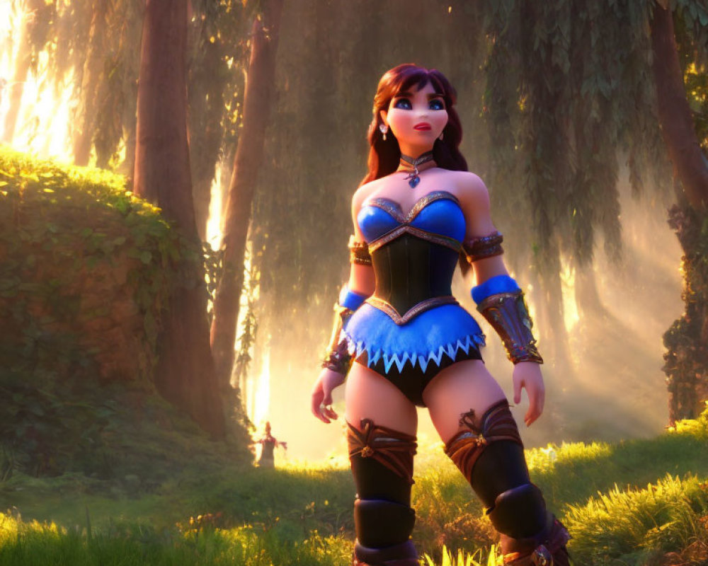 Fantasy forest scene with 3D female warrior in sunlight