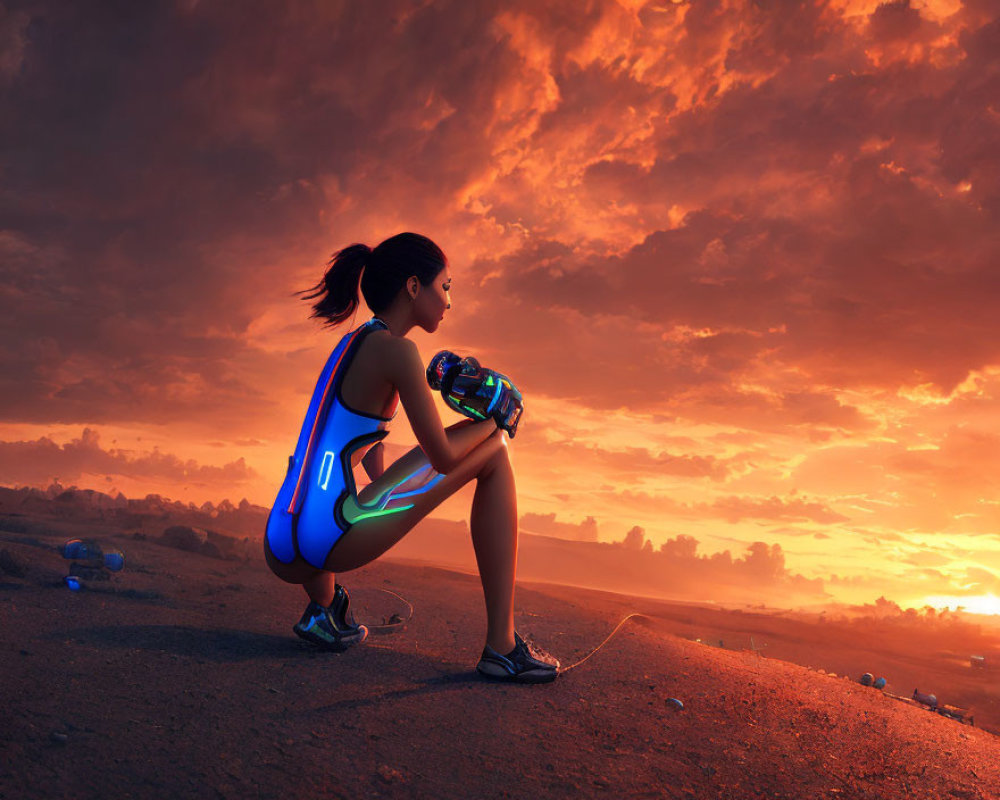 Athletic woman resting at sunset with water bottles and dramatic orange sky