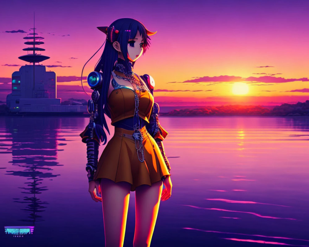 Dark-haired anime female character in futuristic outfit at sunset waterfront.