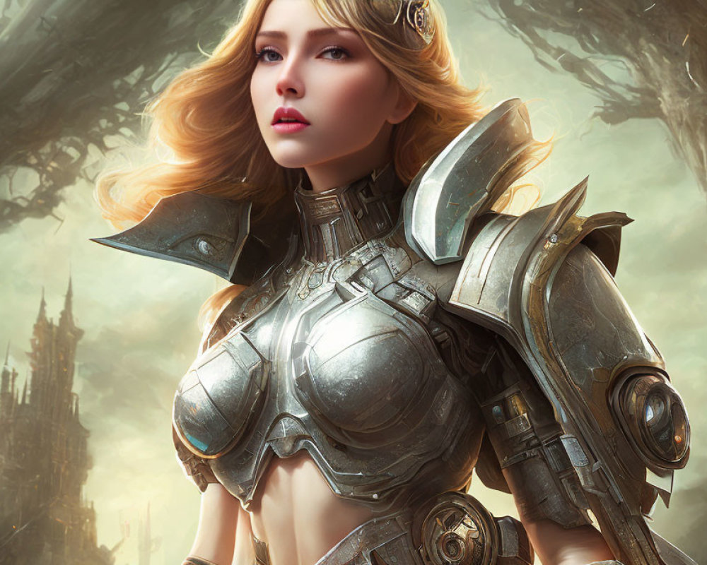 Blonde female warrior in detailed steel armor against dramatic backdrop