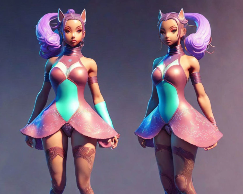 Stylized 3D illustration of futuristic female character with cat-like features in pink and turquoise costume