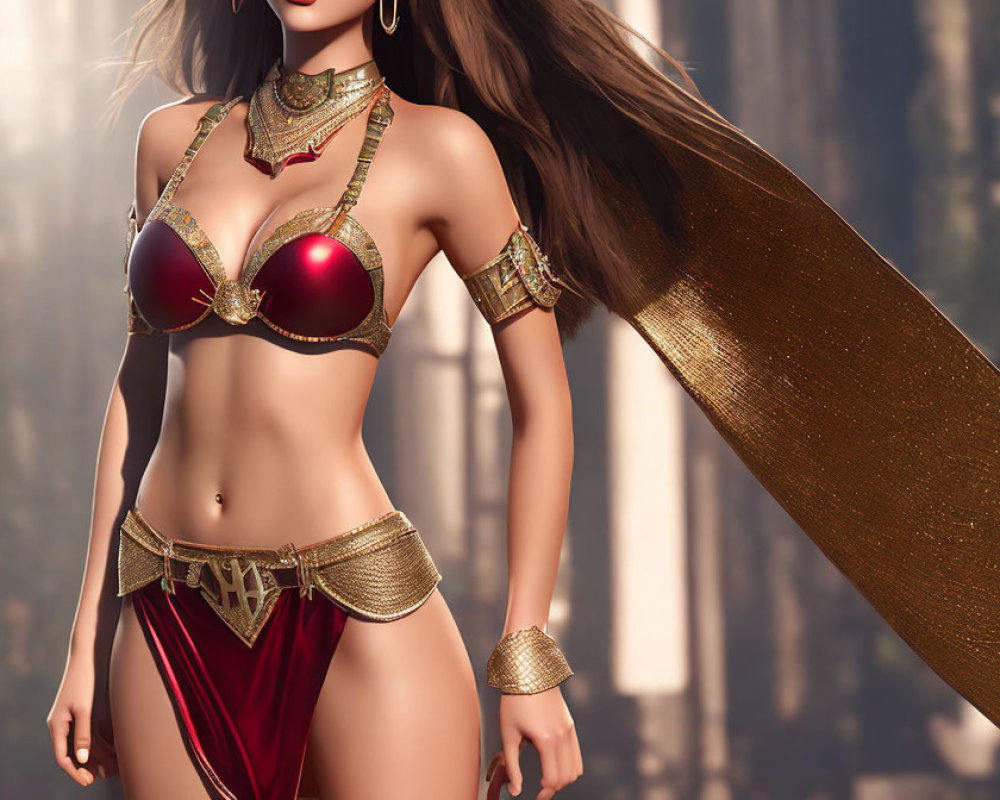 Female Figure in Golden and Maroon Fantasy Attire with Flowing Hair