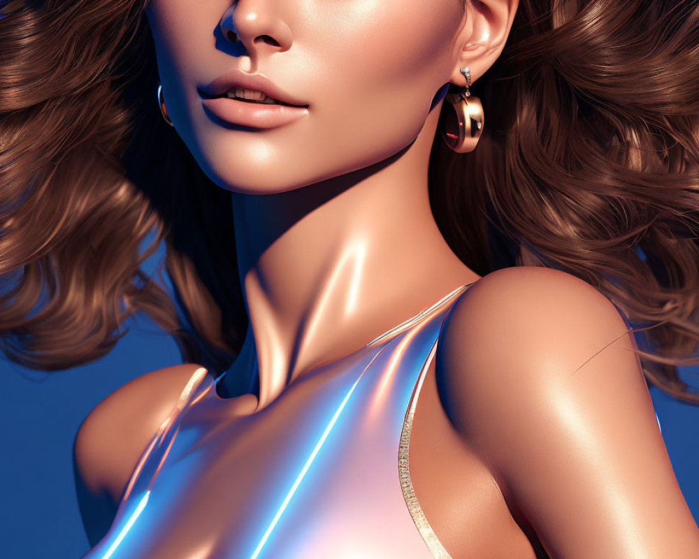 Close-up of woman with golden earrings, wavy hair, shimmery dress, and blue neon