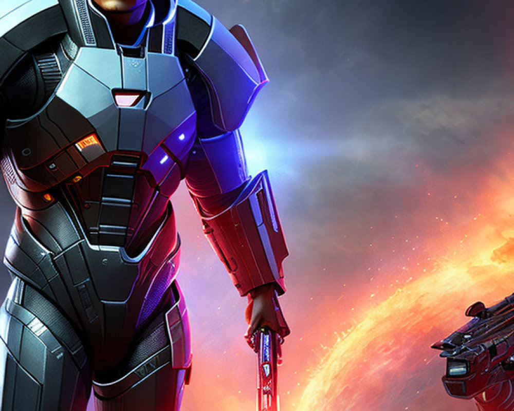 Futuristic armored male character with sword and gun in cosmic setting