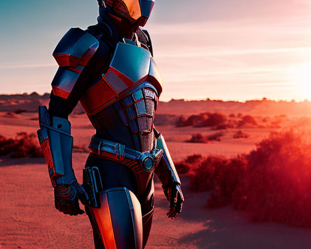 Futuristic armored person in desert at sunset with glowing visor and mechanical arm