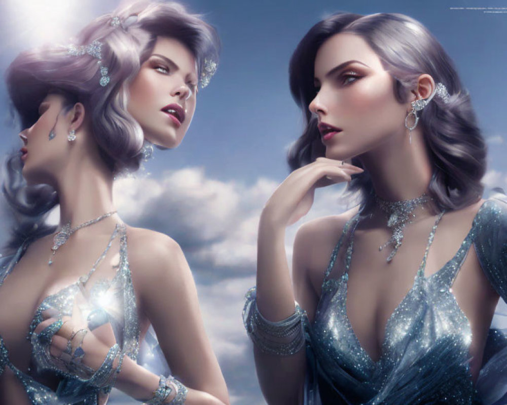 Stylized women in elegant blue dresses with sparkling jewelry on cloudy sky backdrop