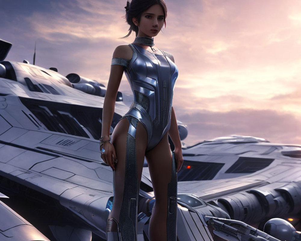 Futuristic 3D Rendered Female Character in Silver Bodysuit with Advanced Spacecraft Background