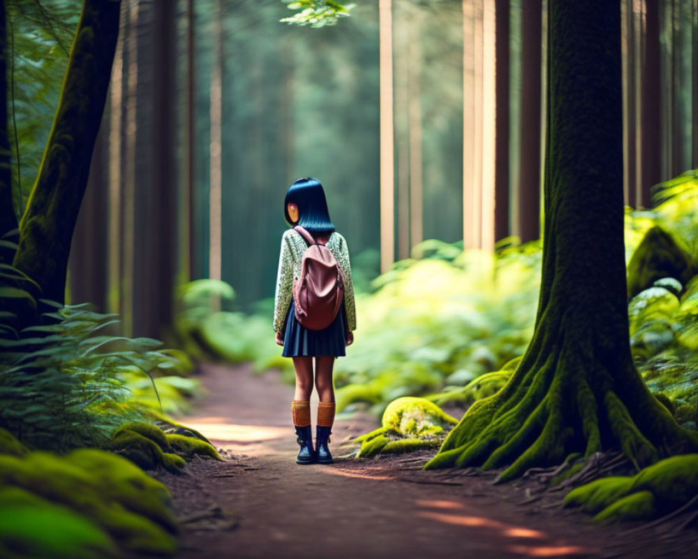 Child with backpack walking in serene forest setting surrounded by tall trees and green moss