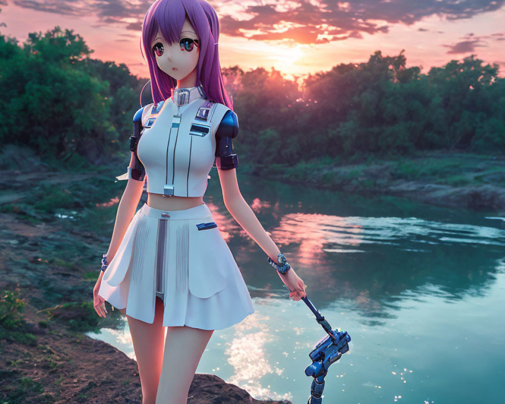 Purple-haired anime character in white outfit with gun by riverside at sunset