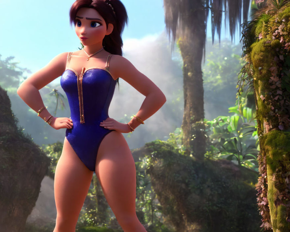 Brown-Haired Animated Character in Blue Swimsuit in Sunlit Forest