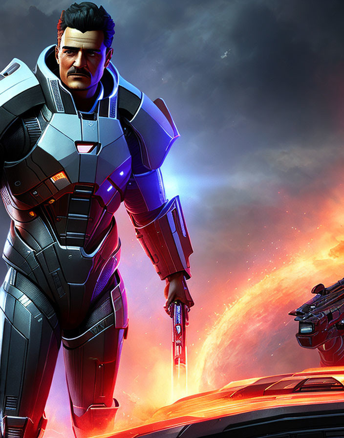 Futuristic armored male character with sword and gun in cosmic setting