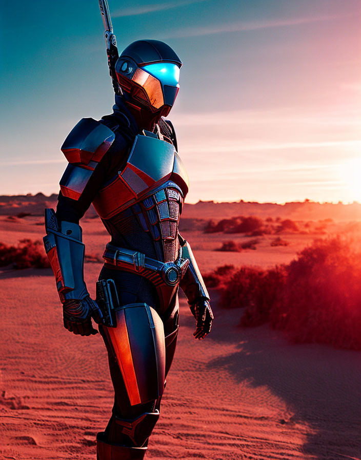 Futuristic armored person in desert at sunset with glowing visor and mechanical arm