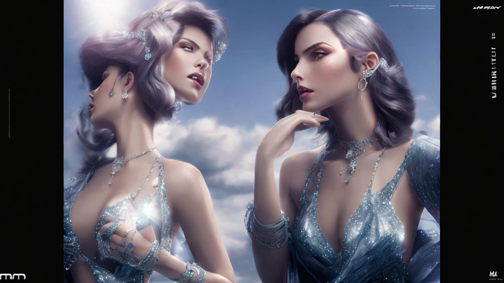 Stylized women in elegant blue dresses with sparkling jewelry on cloudy sky backdrop