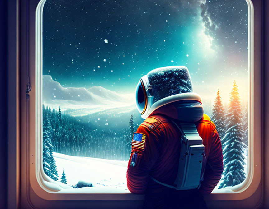 Astronaut viewing snowy landscape under starry sky