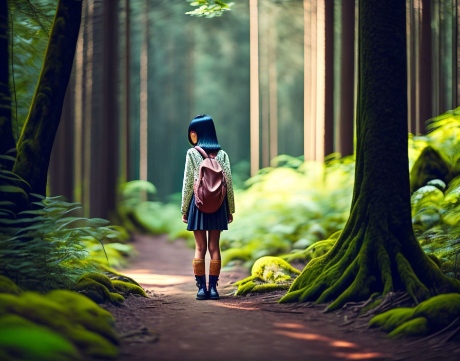 Child with backpack walking in serene forest setting surrounded by tall trees and green moss