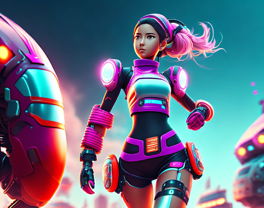 Futuristic female warrior in purple armor with robotic companion under neon sky